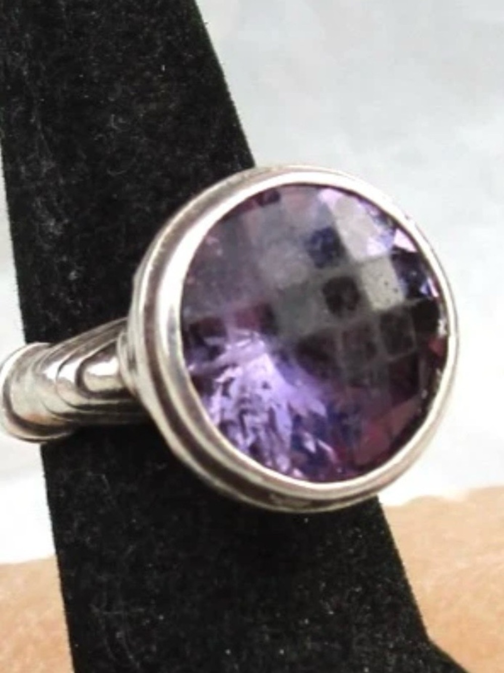 Vintage EFFY BH .925 Sterling Silver Faceted Amythyst Statement Ring  size 7